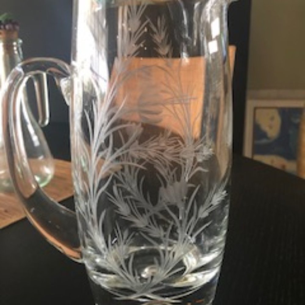 Clear Glass Etched Water Pitcher